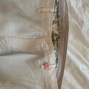 Beige Linen Pants with Leaf Print Lining